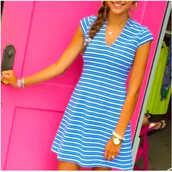 Lilly Pulitzer bree bay Blue Striped Midi Dress v neck fit and flare - Picture 3 of 13